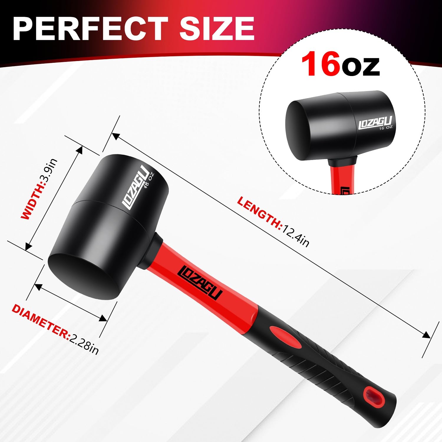 LOZAGU 16oz Rubber Mallet Hammer, Fiberglass Handle, Rubber Mallet for Flooring, Tent Stakes, Woodworking, Camping, Soft Blow Tasks without Damage