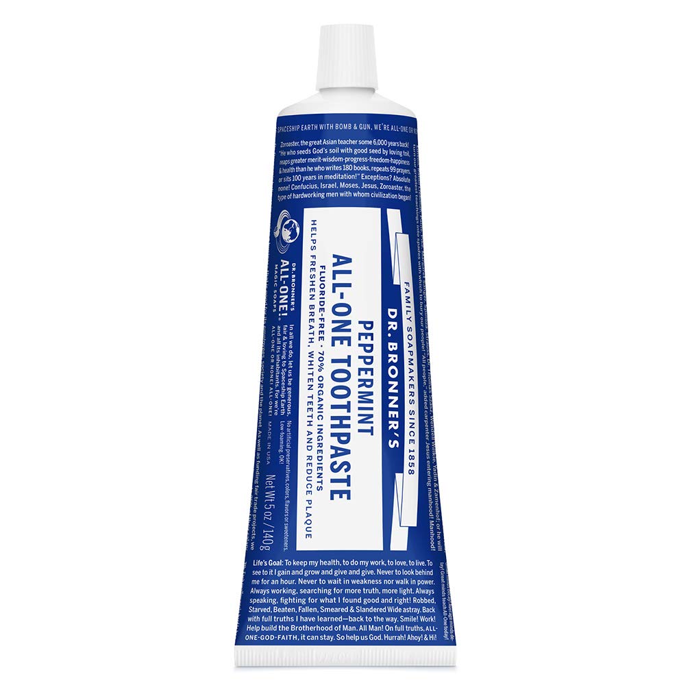 Dr. Bronner’s - All-One Toothpaste (Peppermint, 5 Ounce, 3-Pack) - 70% Organic Ingredients, Natural and Effective, Fluoride-Free, SLS-Free, Helps Freshen Breath, Reduce Plaque, Whiten Teeth, Vegan