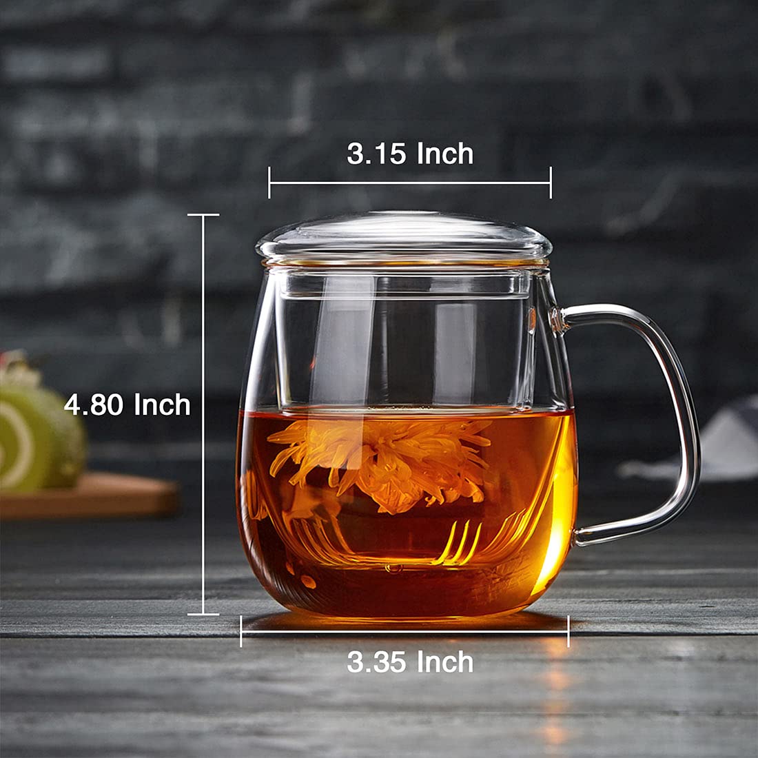 DOPUDO Glass Tea Cup with Infuser and Lid, 17.6oz/520ml Large Borosilicate Teacup,Tea Glass, Clear Mug for Loose Leaf Tea, Blooming Tea, Microwave & Dishwasher Safe - Tea Maker Gift for Birthday