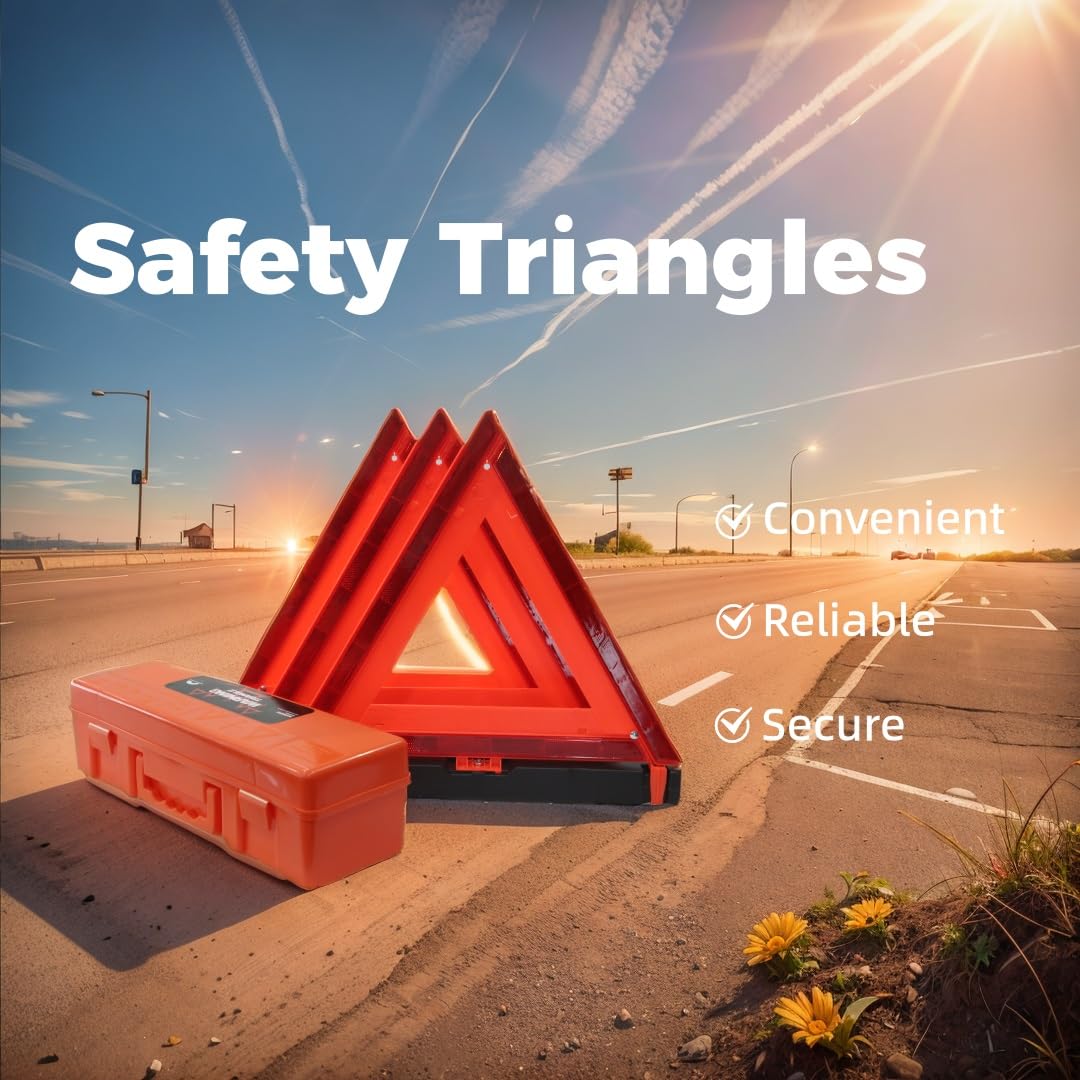 WORKKOOL Safety Triangles DOT Approved, Standard Warning Triangles Enmergency Reflector, Emergency Triangles for Vehicles with Carry Case(3 Pack,Without Sand)