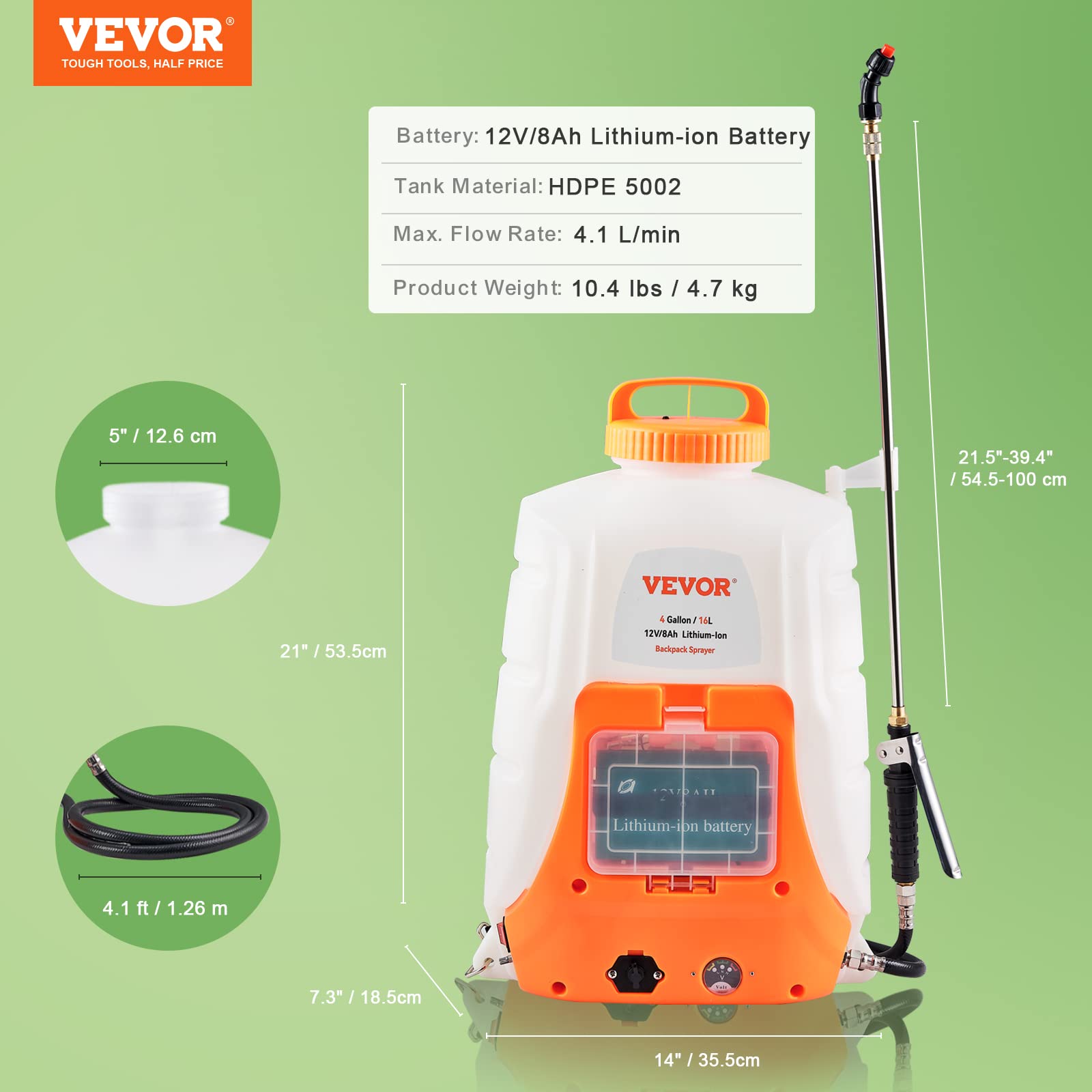 VEVOR Battery Powered Backpack Sprayer, 0-90 PSI Adjustable Pressure, 4 Gallon Tank, Back Pack Sprayer with 8 Nozzles and 2 Wands, 12V 8Ah Battery, Wide Mouth Lid for Weeding, Spraying, Cleaning