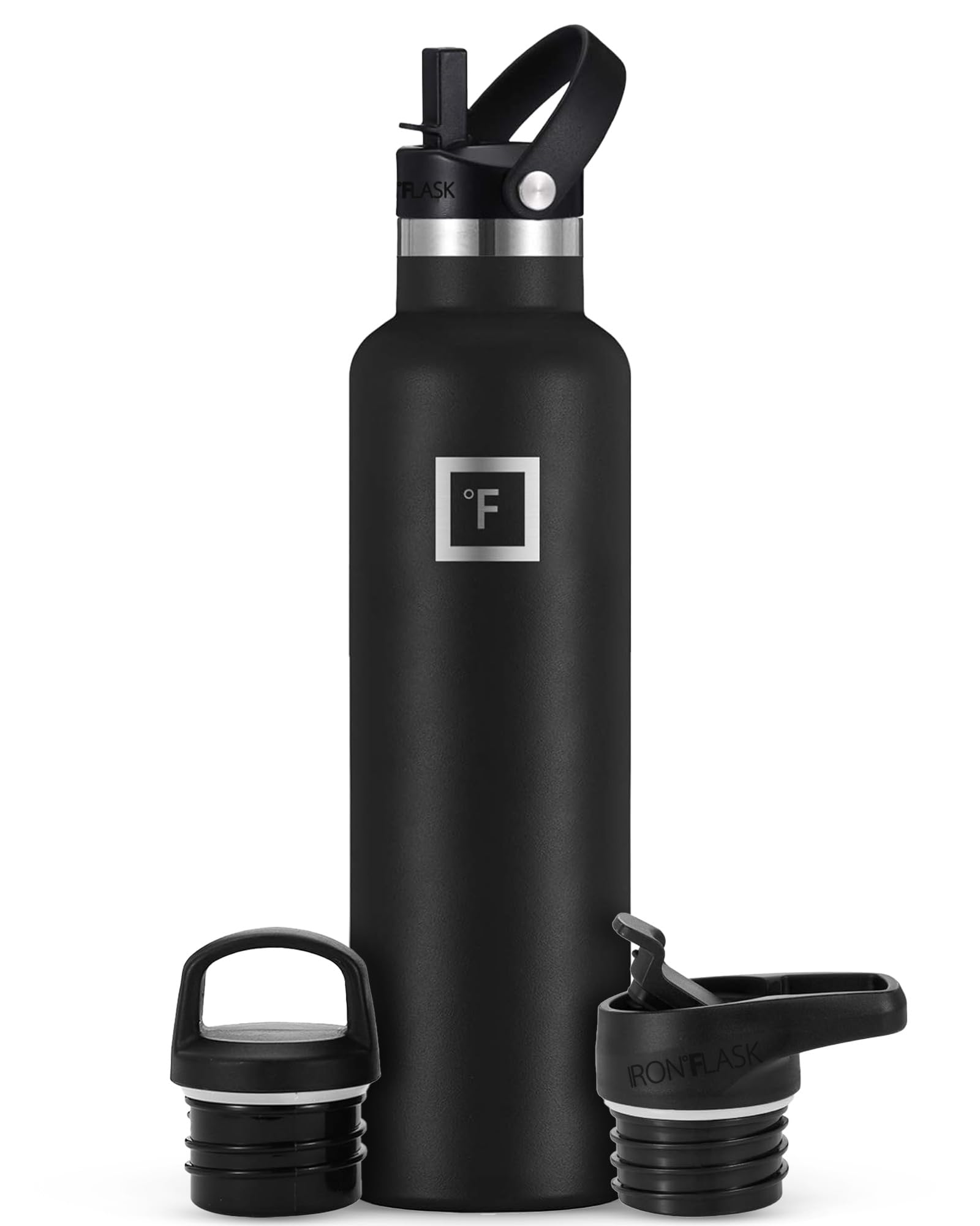 IRON degreesFLASK Camping & Hiking Trinkflaschen - 3 Deckel (Schmaler Strohhalmdeckel) Auslaufsicher Vakuumisoliert Edelstahl - Heiß & Kalt Doppelwandige Sport-Wasserflasche - Midnight Black, 24 Oz