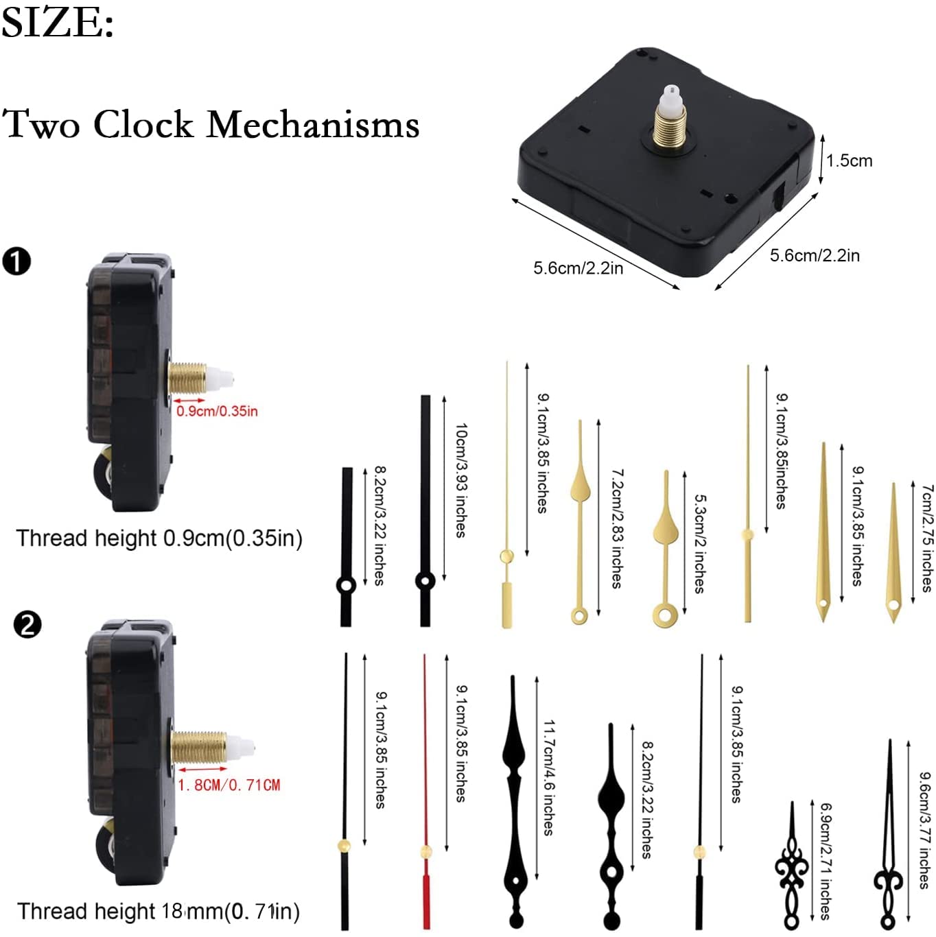 2Pcs Quartz Clock Mechanism Kit, Wall Clock Mechanisms Mattery Powered Replacement, Clock Movement Parts Motor Replacement DIY Repair Parts with 5 Set Hands (No Battery)