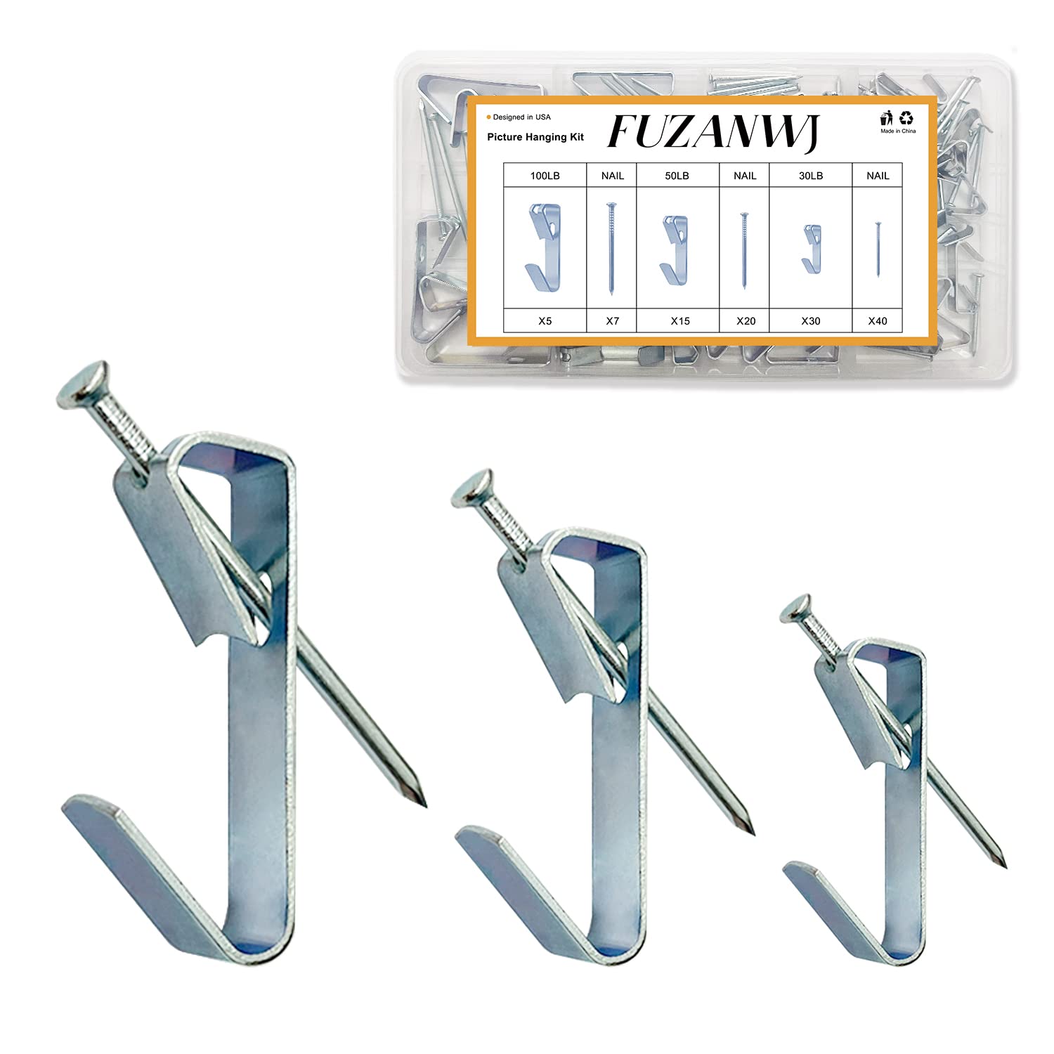 117Pcs Picture Hangers, 3 Size Picture Hooks Including 30/50/100lbs, Picture Hanging Kit, Professional Plaster Picture Hanging Kit for Wooden Wall or Drywall(50 Hangers+ 67 Nails)