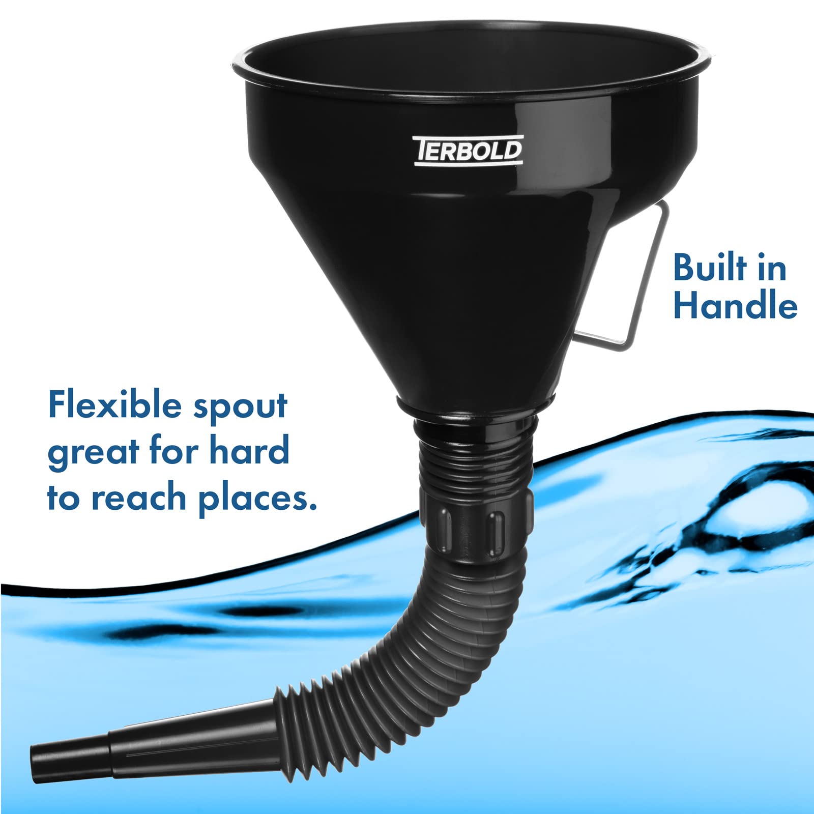 Terbold Automotive Flex Funnel with Hose | Wide Mouth Flexible Oil Funnel for Automotive Use - Gas, Transmission Fluid, Car Fuel, Oil Change (Blue)