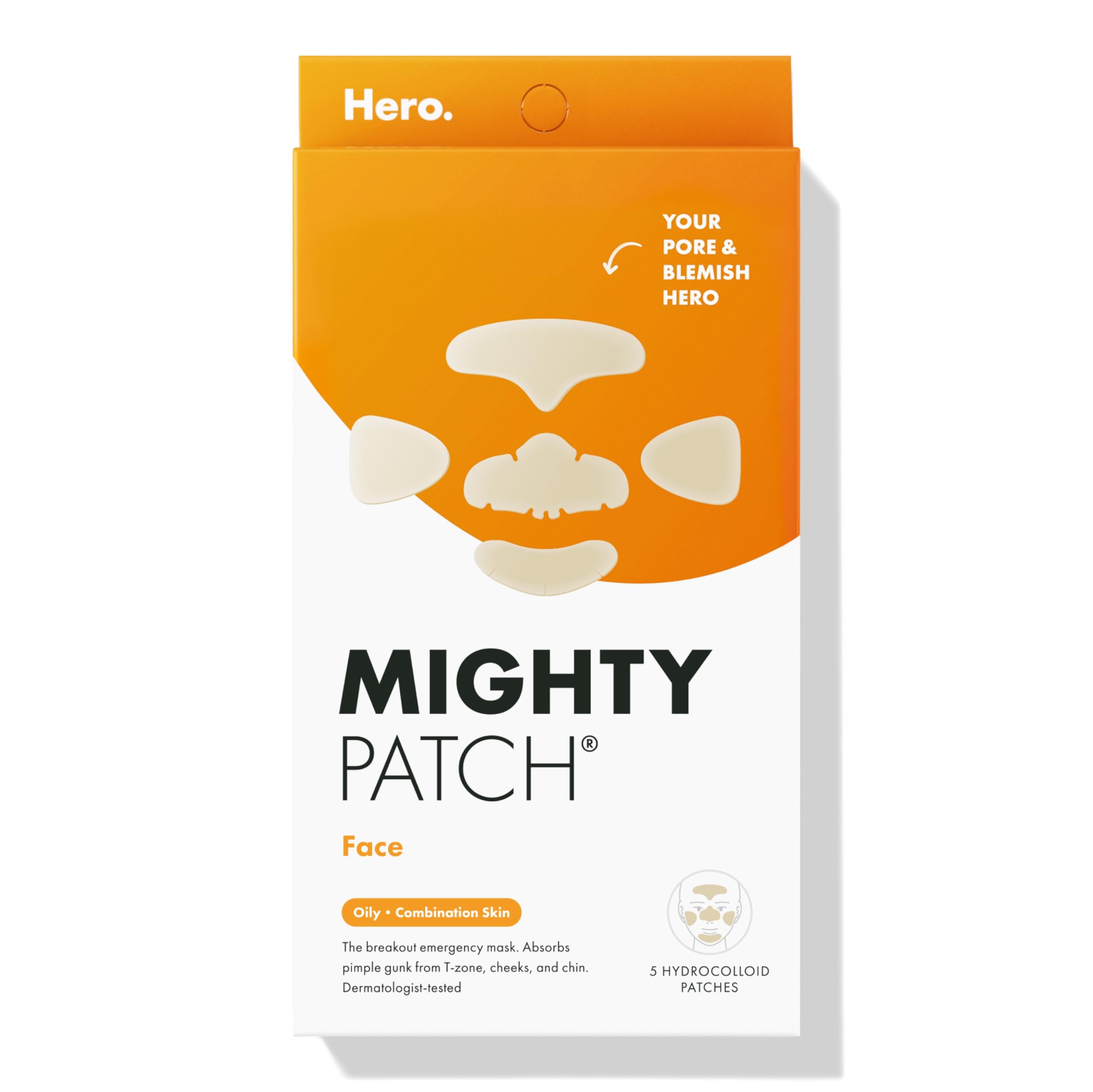 Hero Cosmetics Mighty Patch Face Patch - XL Hydrokolloid-Gesichtsmaske gegen Akne, 5 große Pickelpflaster für Pickelausbrüche an Nase, Kinn, Stirn & Wangen (1 Stück)