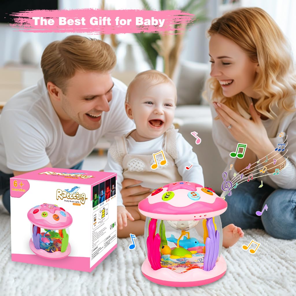 Aboosam Baby Girl Toys 6-12 Months: Babies Ocean Rotating Light Up Musical Toys 12-18 Months Crawling Learning Infant Toy for Toddlers 1 2 3 Years Old Baby Girl Gifts (Pink)