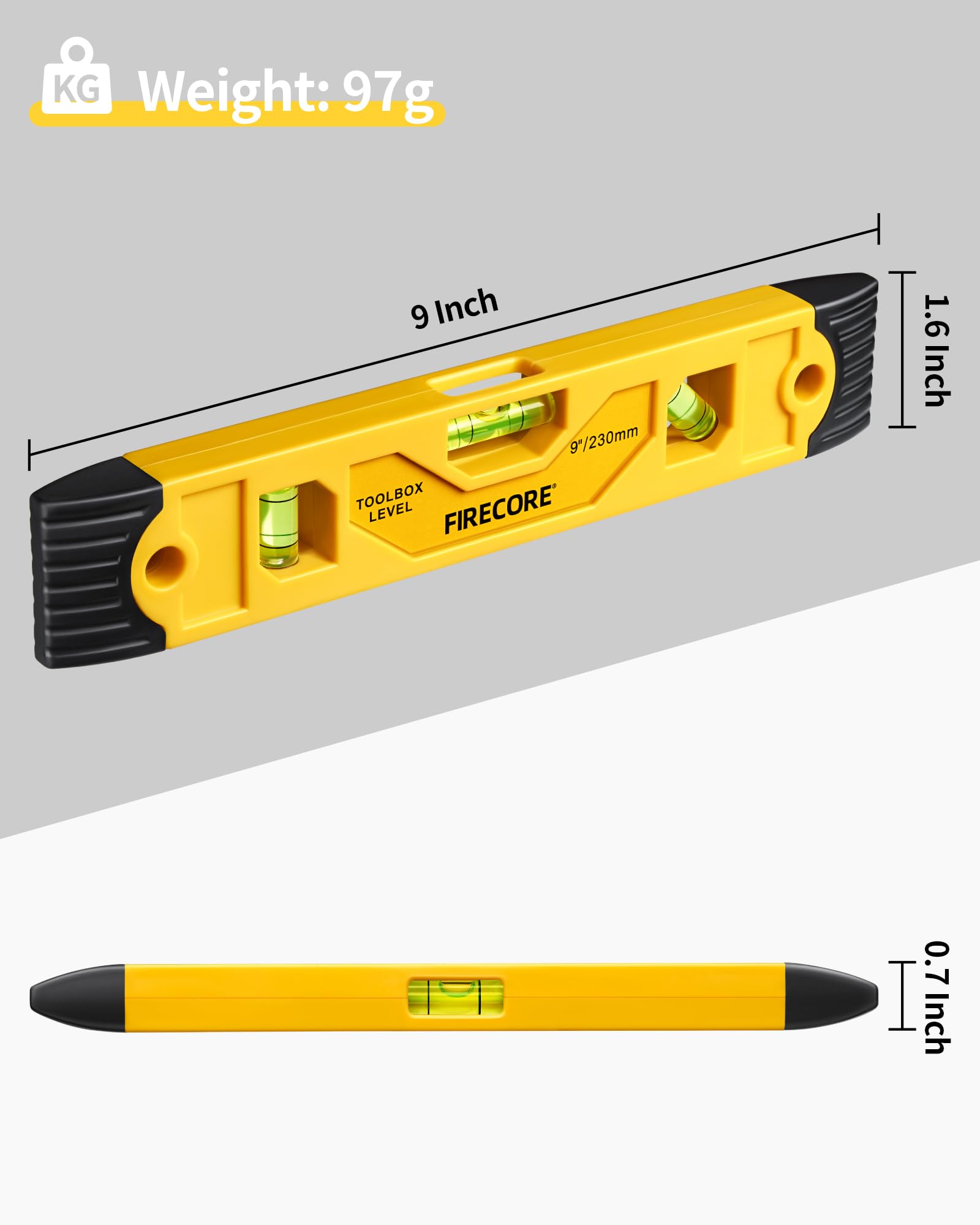 Torpedo Level Magnetic, Firecore 9 Inch Shockproof Small Leveler Tool with 3 Bubble Spirit Level 45 90 180 Degree, Construction Levelers for Hanging Pictures Install Shelf Home Renovation