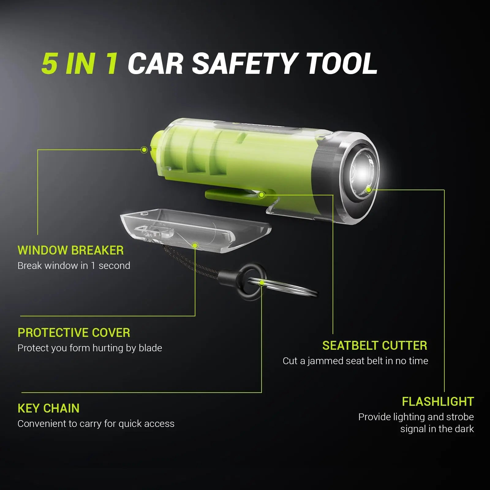 SodaRide Window Breaker Seatbelt Cutter with Flashlight,2 in 1 Car Escape Tool Key Chain,Safe Hammer Glass Breaker Under Water,2 Pack Green