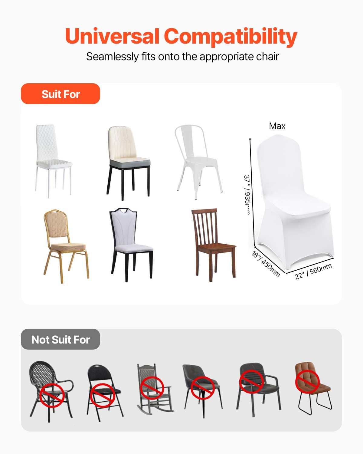 VEVOR 100 Pcs White Chair Covers Polyester Spandex Chair Cover Stretch Slipcovers for Wedding Party Dining Banquet Flat-Front Chair Covers