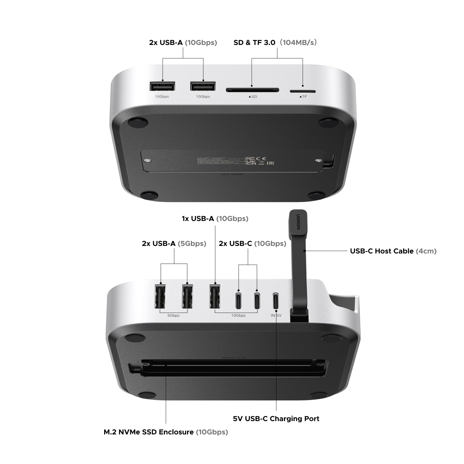 UGREEN Mac mini M4 Dock & Stand with NVMe SSD Enclosure, 3 USB A 10Gbps, USB C Data Port, SD Card Reader for Mac mini M4/ M4 Pro