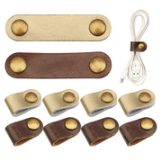 10 Pcs Cord Organizer, Portable Earphone Cord holder Winder keeper, Leather Cable Cord USB Straps, Earphone Winder with Leather Handmade, Stocking Stuffers for Men (Brown/white)