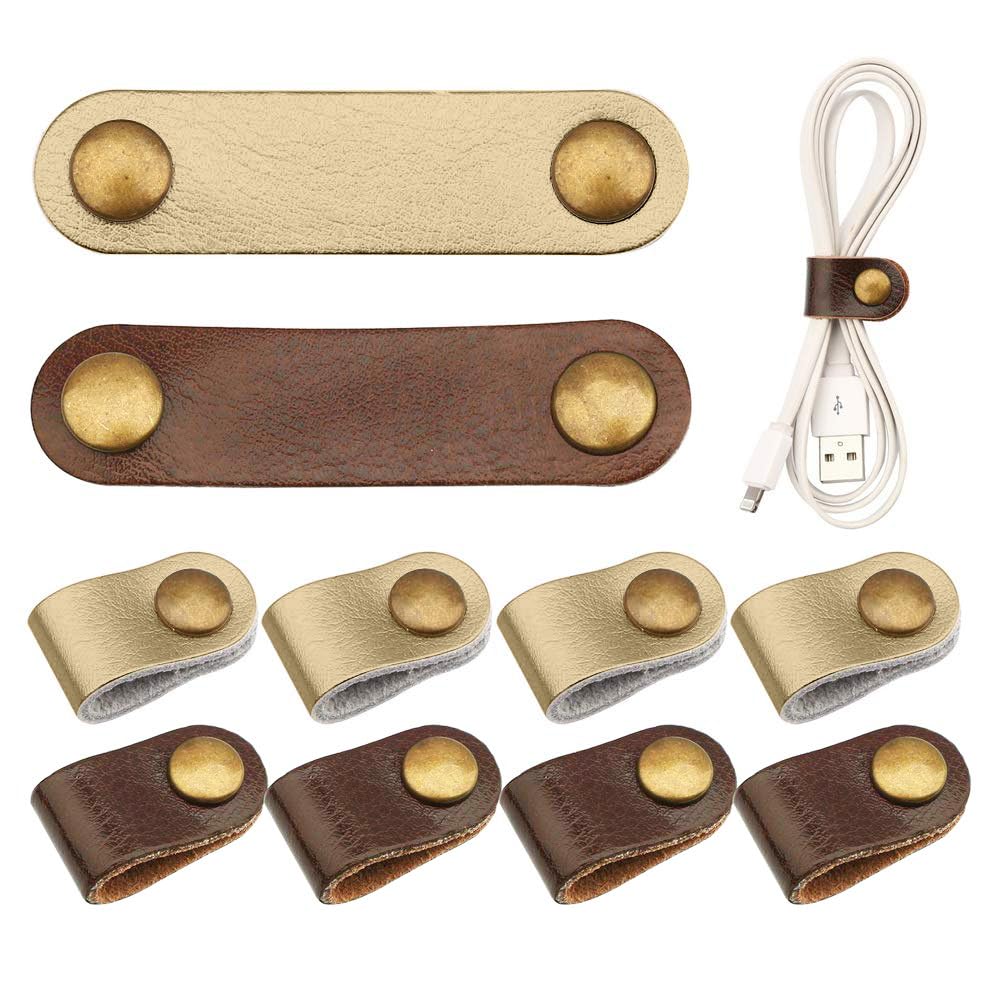 10 Pcs Cord Organizer, Portable Earphone Cord holder Winder keeper, Leather Cable Cord USB Straps, Earphone Winder with Leather Handmade, Stocking Stuffers for Men (Brown/white)