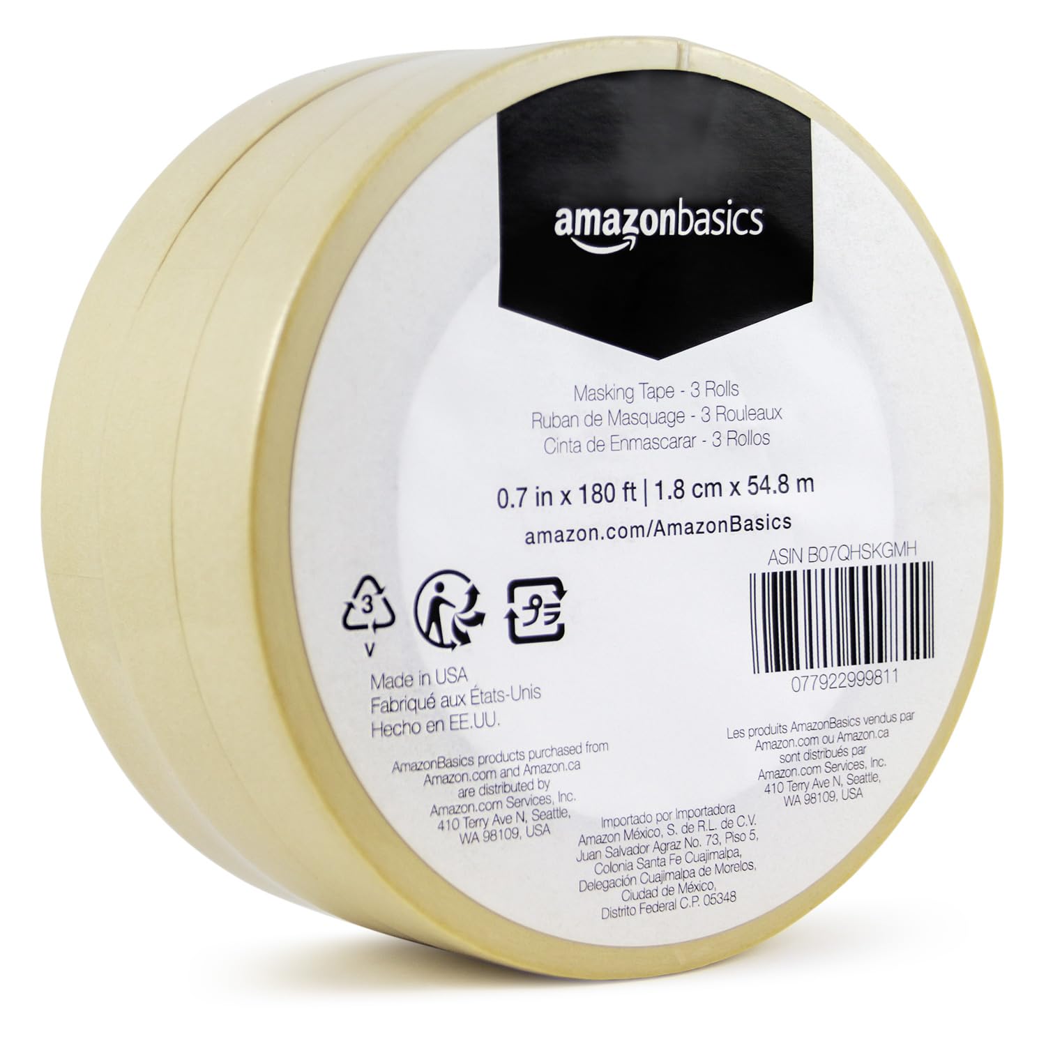 Basics Masking Tape, Pack of 3 Rolls, Beige, 0.7 inch x 180 feet