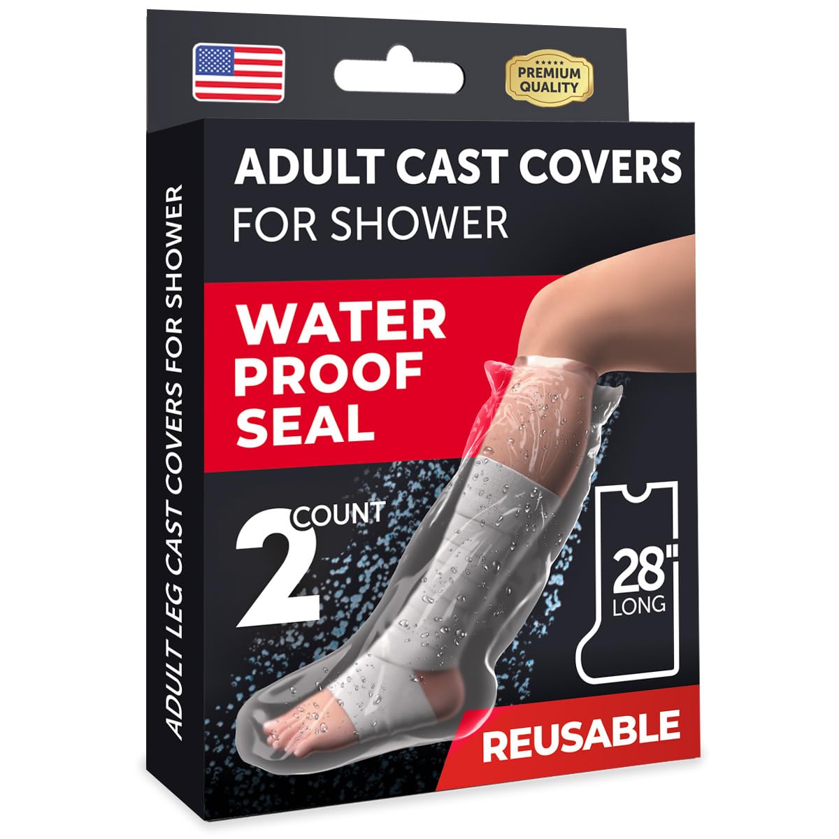 100% Waterproof Cast Covers for Shower Leg - Tight Seal - Reusable Adult 2pk Half Leg Cast Protectors - Knee, Ankle, Foot