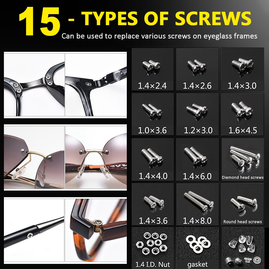PTSLKHN Eyeglass Repair Kit with Screws, 15 Types Screws for Eyeglasses - Frame Screws, Hinge Screws, Nose Pads Screws - Essential Eye Glasses Repairing Kit Tool
