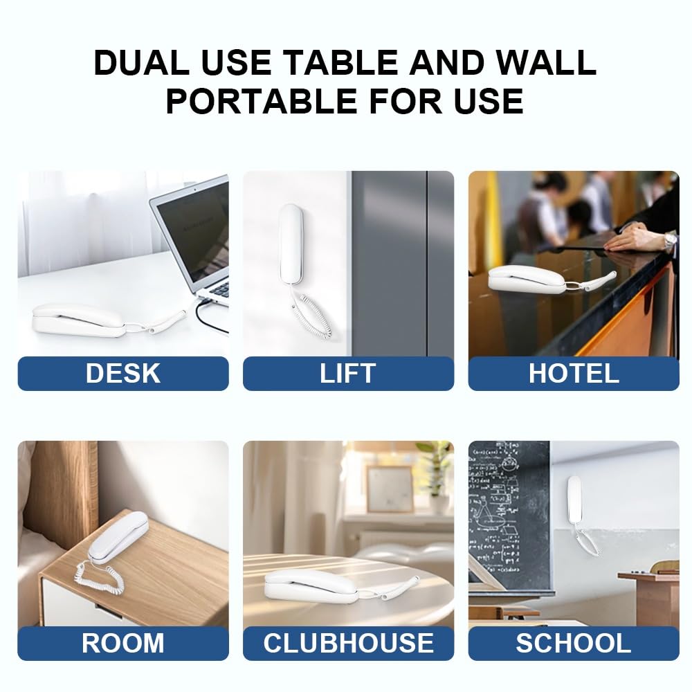 White OF-990 Slimline Telephone Wall-Mountable Basic Corded Telephone No AC Power Required, Corded Home Phone