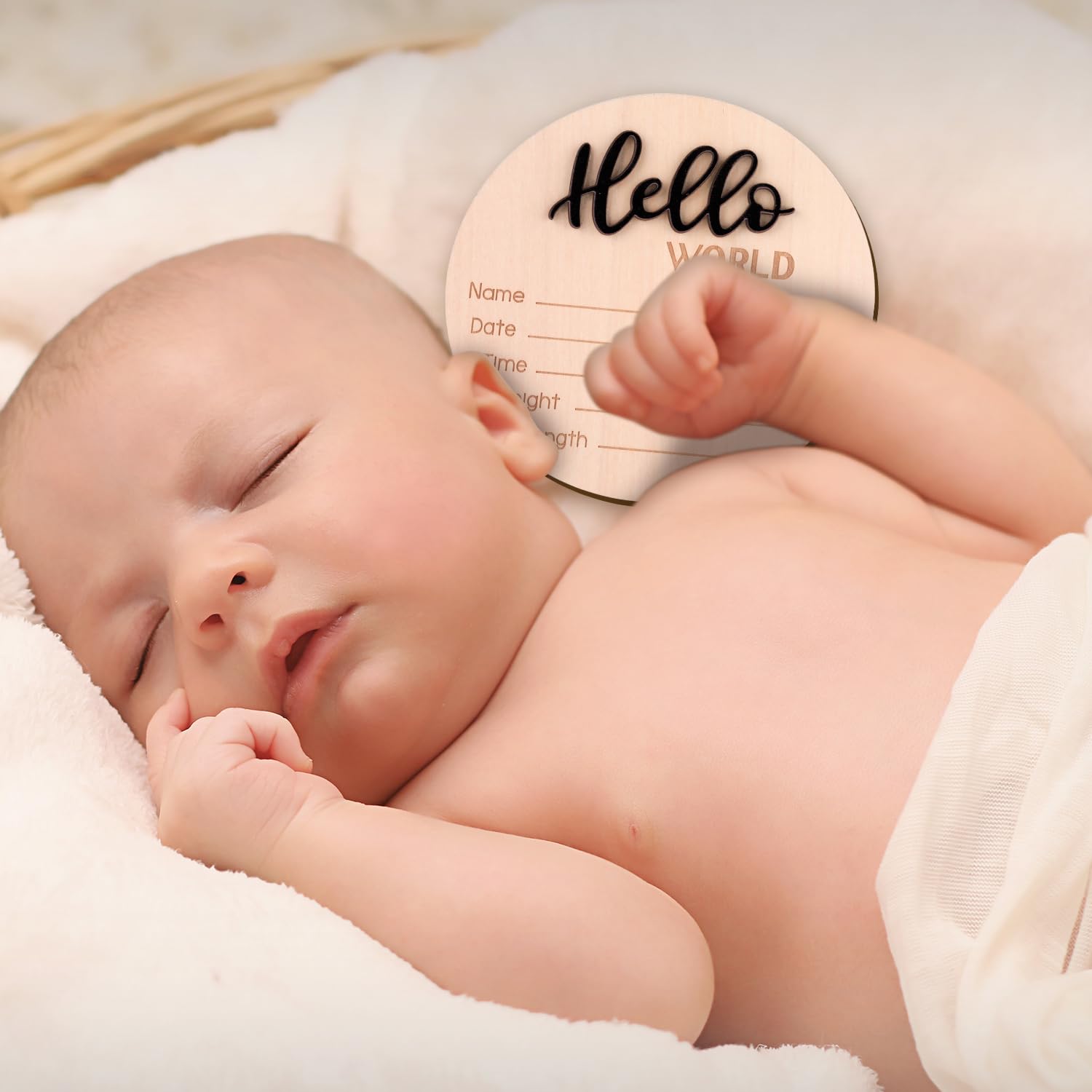 Baby Announcement Sign, 5.9 Inch Wooden Hello World Newborn Welcome Sign Birth Baby Name Plaques for Photo Props Baby Shower Hospital Nursery(Black)