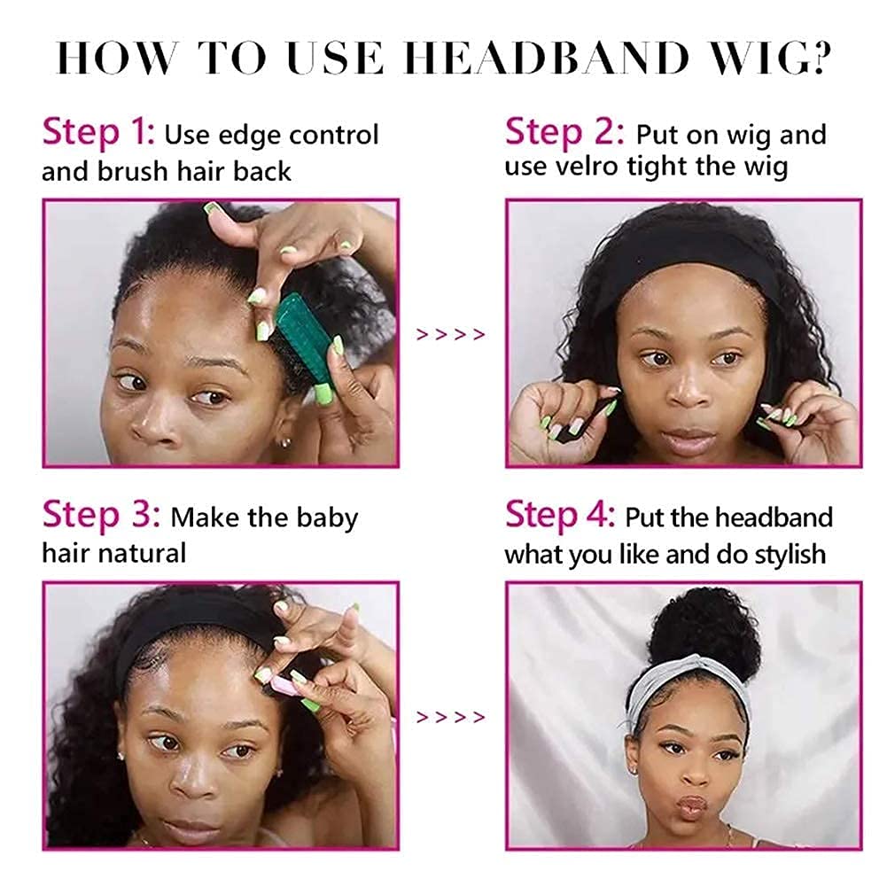 XSY Headband Wig Human Hair Deep Wave 16 Inch Curly Headband Wig Glueless None Lace Front Wigs for Black Women Half Wigs 150% Density Natural Color