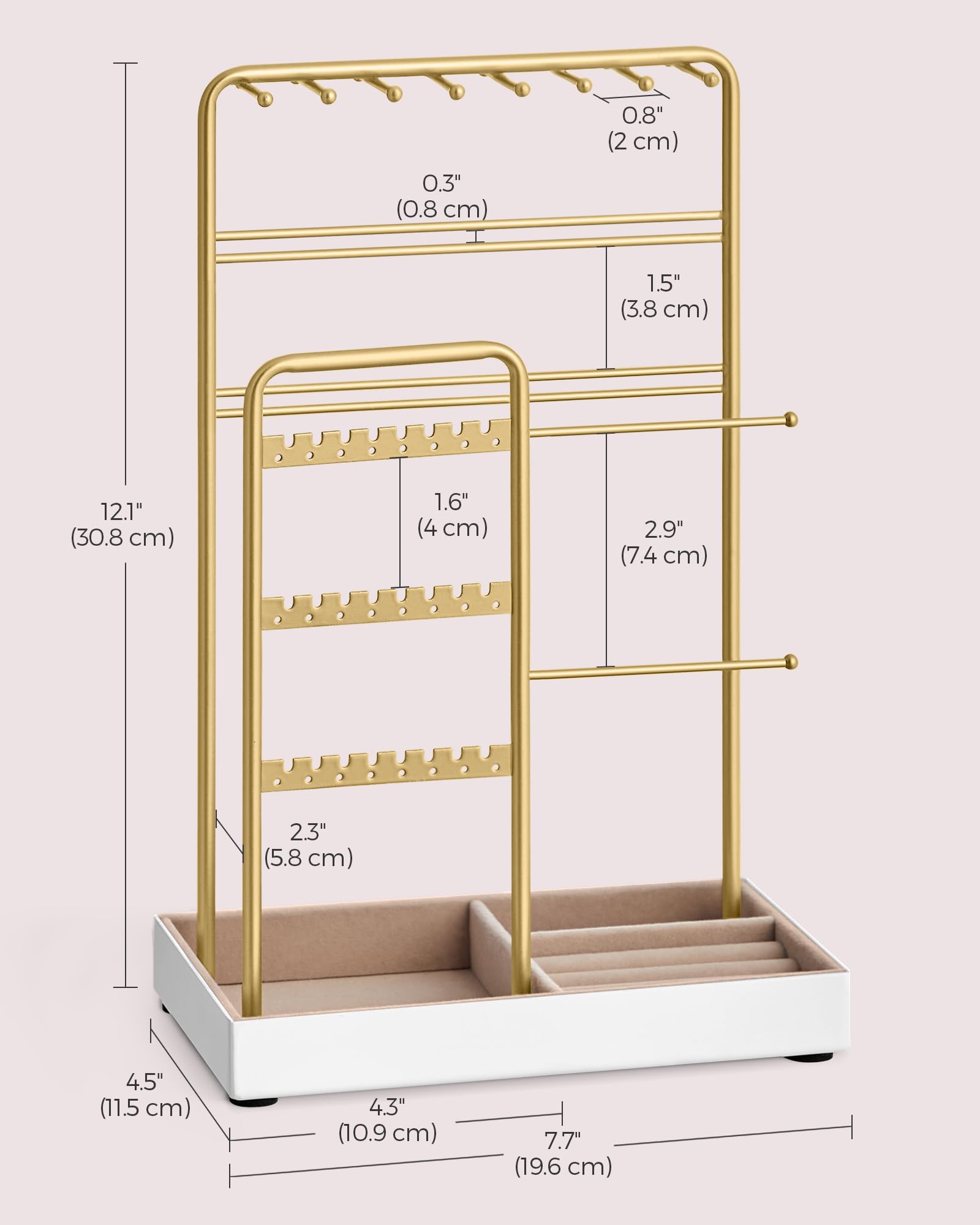 SONGMICS Jewelry Holder, Jewelry Organizer, Jewelry Display Stand with Metal Frame, Velvet Tray, Necklace Earring Bracelet Holder, for Studs, Rings, Gift Idea, Pale Gold UJJS021A01