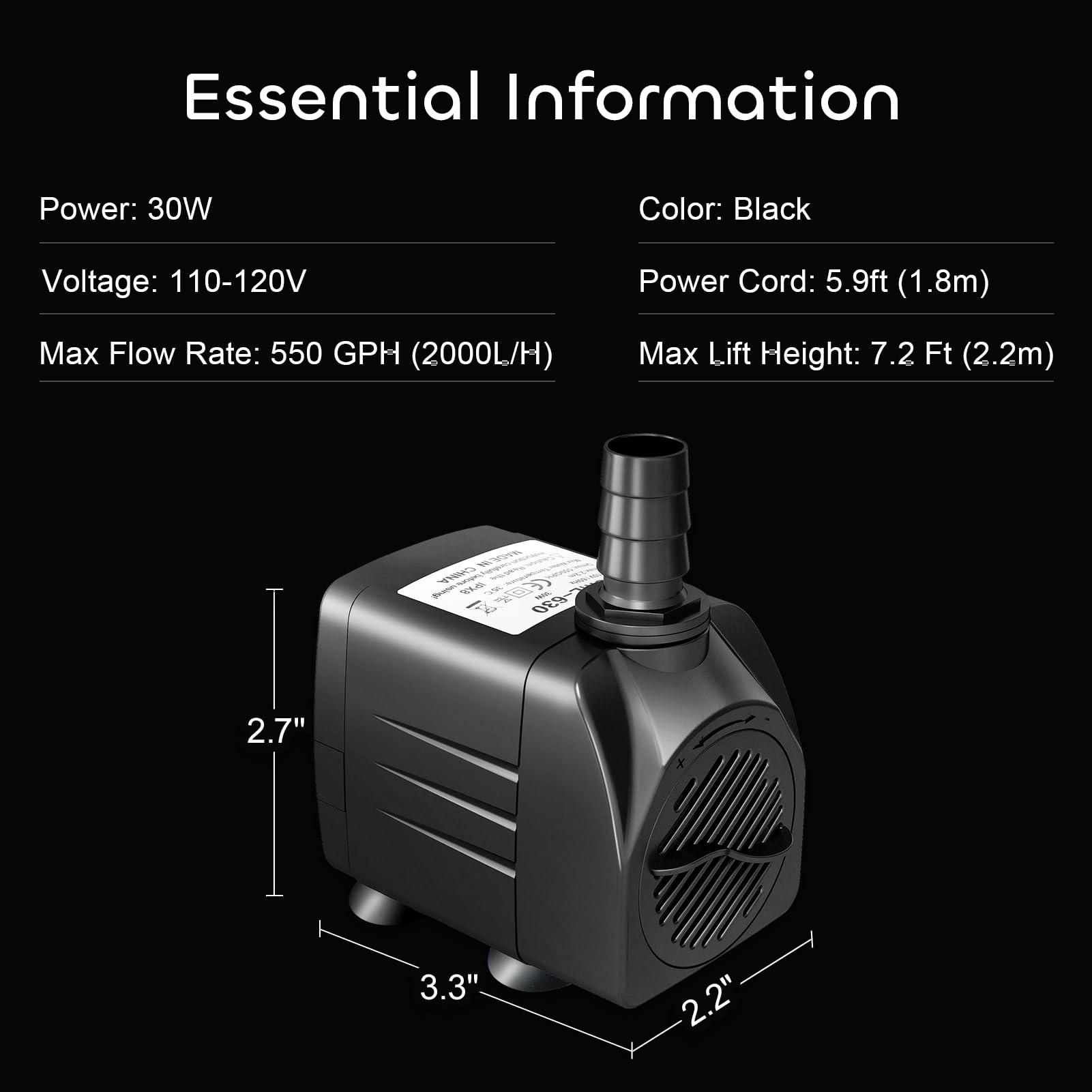 GROWNEER 550GPH Submersible Pump 30W Ultra Quiet Fountain Water Pump, 2000L/H, with 7.2ft High Lift, 3 Nozzles for Aquarium, Fish Tank, Pond, Hydroponics, Statuary Black