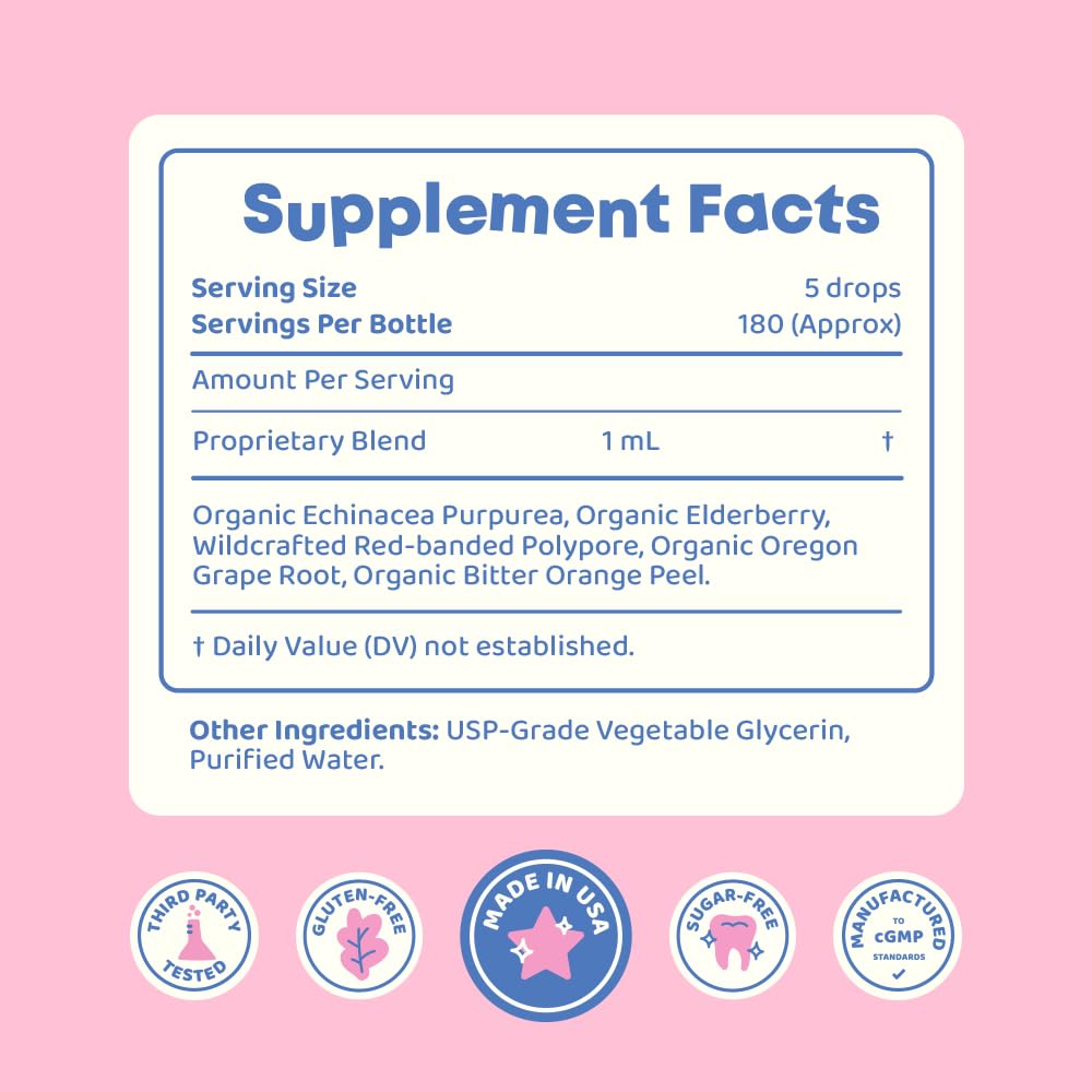 JoySpring Immune Drops - Kids’ Immunity Support Supplement (1 fl oz, 30 Servings) with Organic Elderberry Liquid, Echinacea, Oregon Grape Root & Orange Peel for Ages 2-16+ Years and Adults.