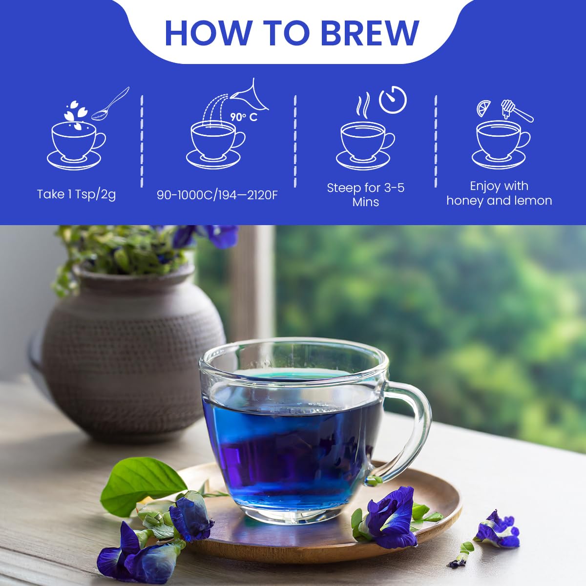 BLUE TEA - Butterfly Pea Flower Tea - 2.11 Oz (150+ Cups) | Antioxidant Rich | Chemical Free - Herbal Tea - Caffeine free - Non Bitter - No Preservatives - Non-GMO | Zipper Pack