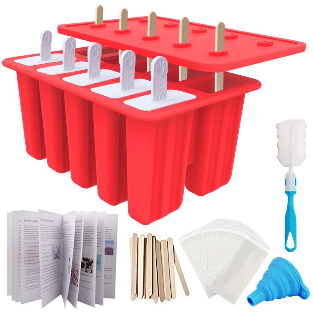 Miaowoof Homemade Popsicle Molds, 10-Cav Non-BPA Silicone Ice Pop Maker, with 50 Sticks, 50 Bags, 10 Reusable Sticks, Funnel, Brush and Ice Pop Recipe (Red)
