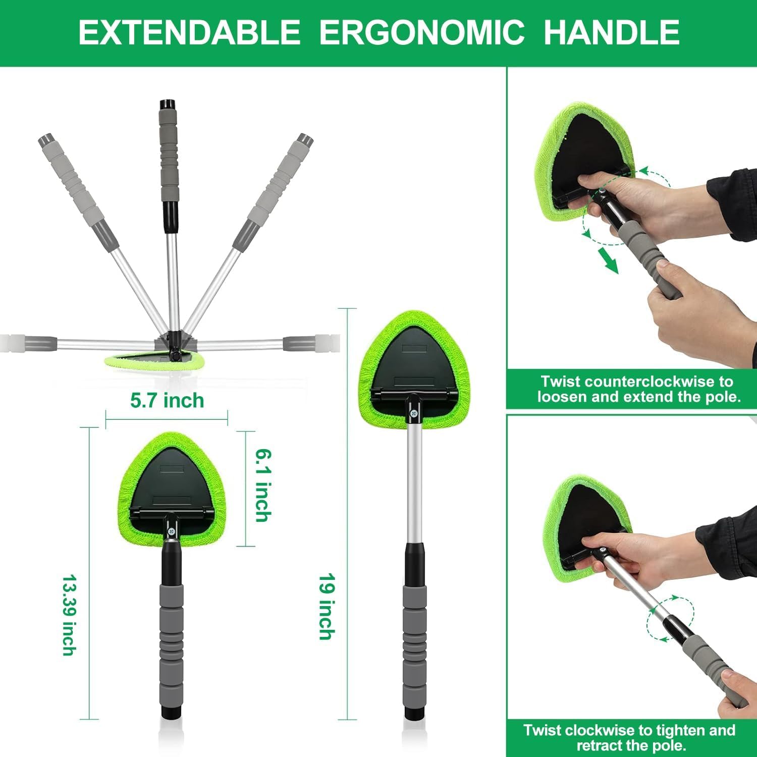 XINDELL Windshield Cleaner Tool – Upgrade Large Head Car Interior&Exterior Window Cleaning Kit with Extendable Handle & 4 Microfiber Pads, Auto Wiper Brush for Car, Trucks, SUVs, RVs & Home Windows