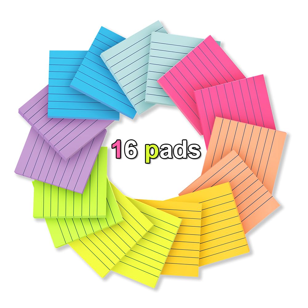 (16 Pack) Lined Sticky Notes 3x3 in Post Ruled Stickies Super Sticking Power Memo Pads Bright Colors