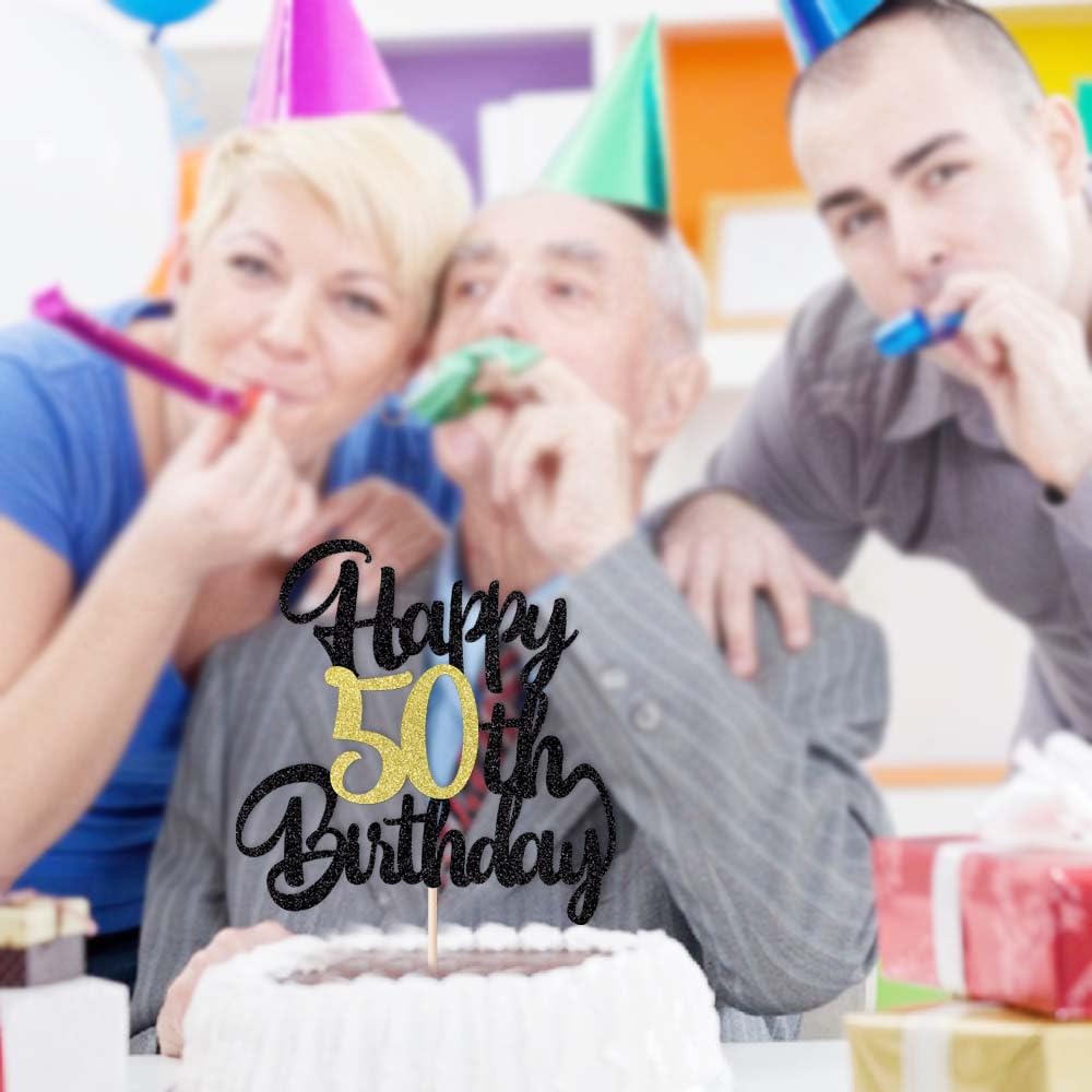 Klionjor 50th Happy birthday cake topper happy birthday cake decoration 50th birthday party decoration gift plugin (50) Black gold