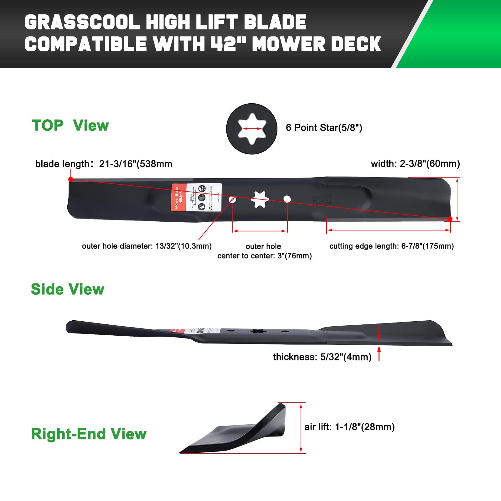 Grasscool 942-04308 Mower Blades for Troy Bilt Bronco Pony Mustang 42 inch Lawn Mower Cub Cadet 42'' Deck Riding Mower RZT42 Replace 942-04308A 942-04308-X 942-04312 742-04312 High Lift (2 Pack)