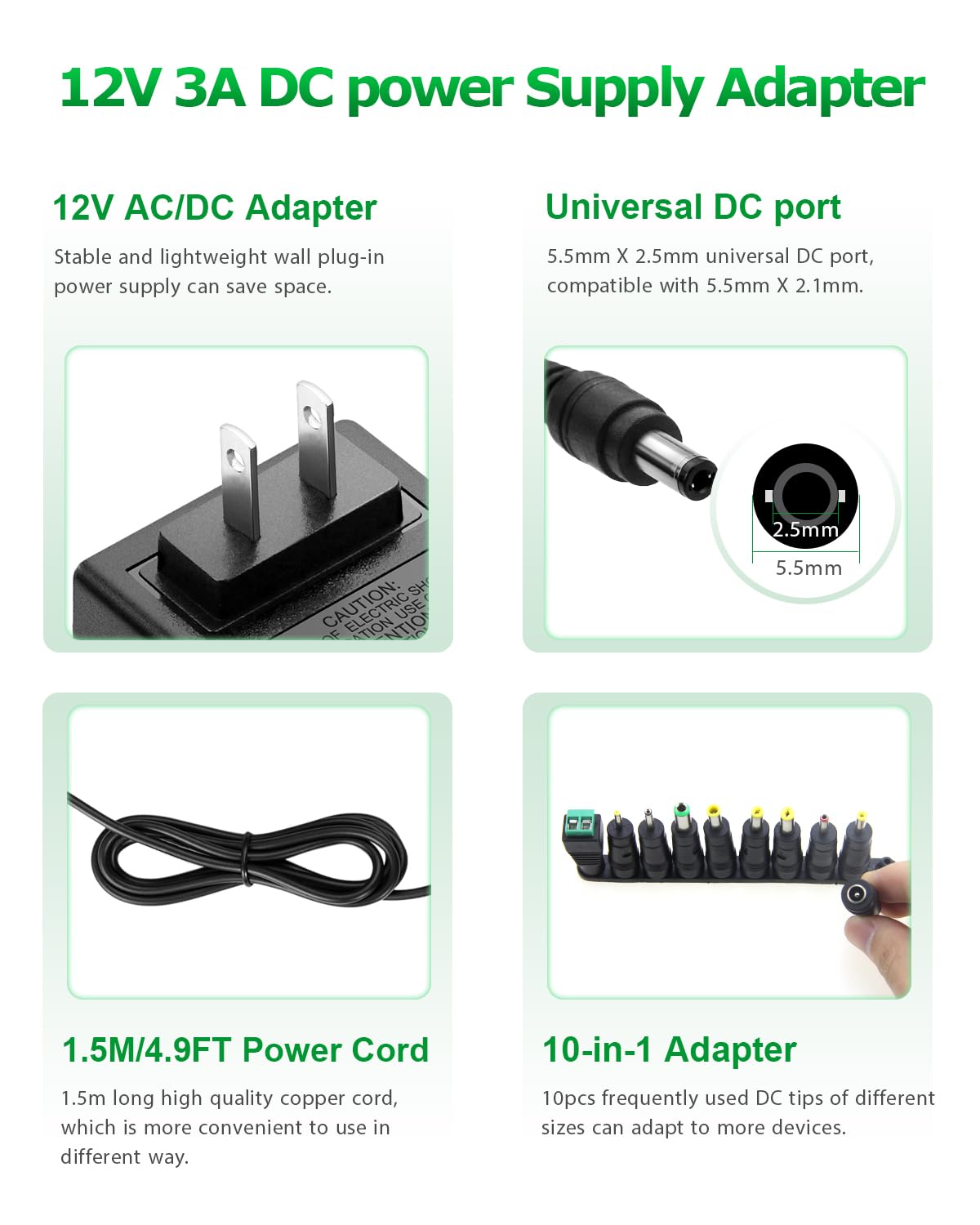 Arkare 12V 3A Power Supply Adapter 36W ac/dc Charger AC 100V-240V to DC 12Volt 3amp Power Cord 12V 2.5A 2A 1.5A 1A 800mA 500mA for Security Camera BT Speaker GPS Webcam Microphone Receiver with 10TIPS