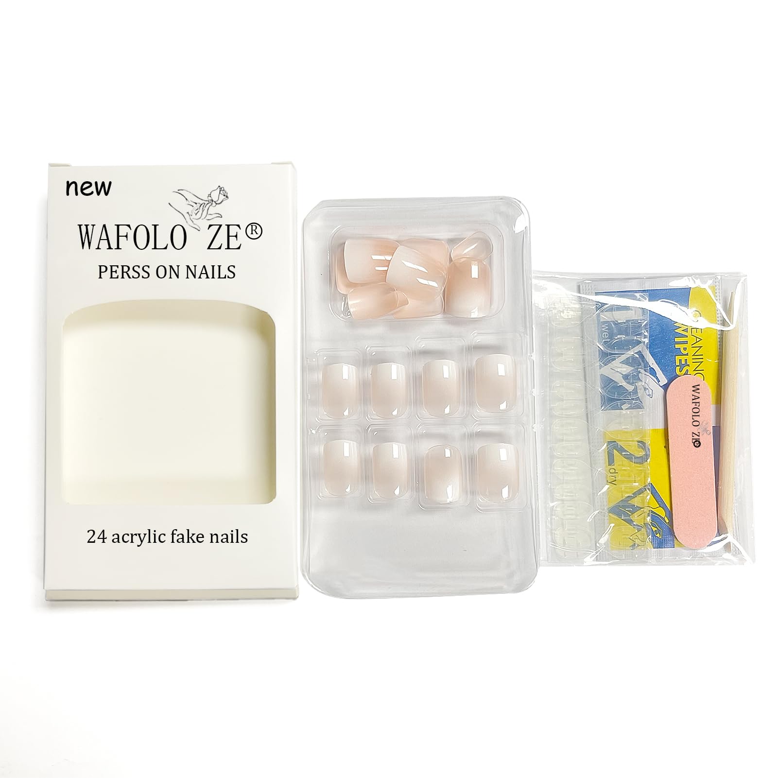 WAFOLOZE Nails Press ons,White Ombre Short Square Press on Nails Fake Nails Glossy Acrylic Artificial Nails Stick on Nails for Women 24Pc