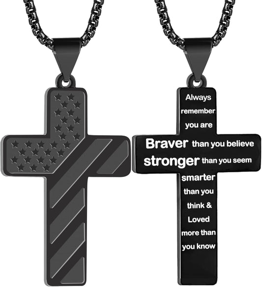 REGIS Cross Necklace for Men ， Premium American Flag Stainless Steel with 24-Inch Lord's Prayer Pendant (Always remember, black)