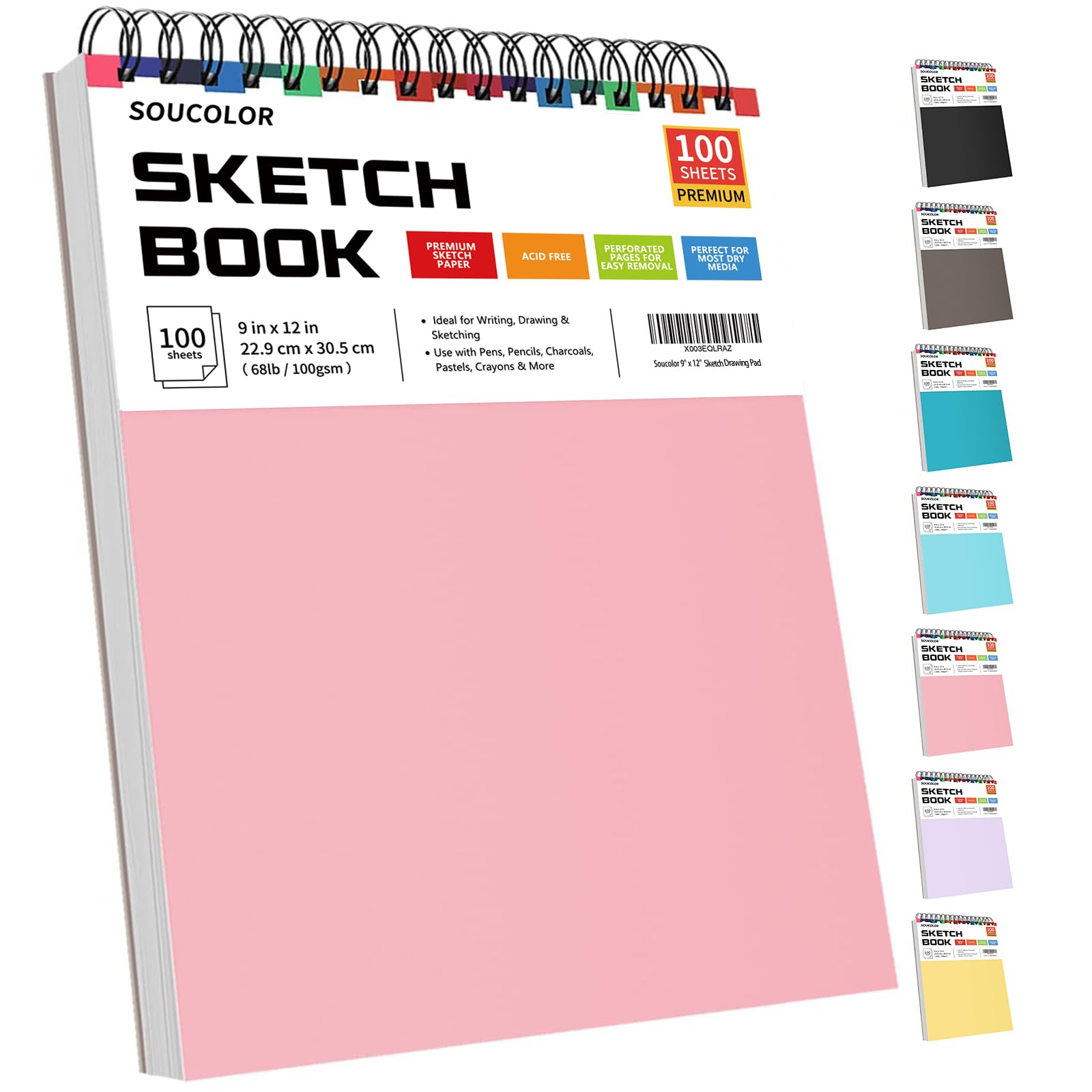 Soucolor 9" x 12" Sketch Book, 1-Pack 100 Sheets Spiral Bound Art Sketchbook, (68lb/100gsm) Acid Free Artist Drawing Book Paper Painting Sketching Pad for Kids Students Adults Beginners