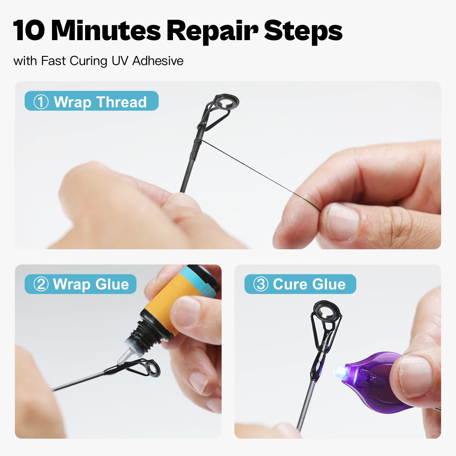 Fishing Rod Tip Repair Kit with Glue, Complete Kit with UV Cured Adhesive and 10 Rod Tips