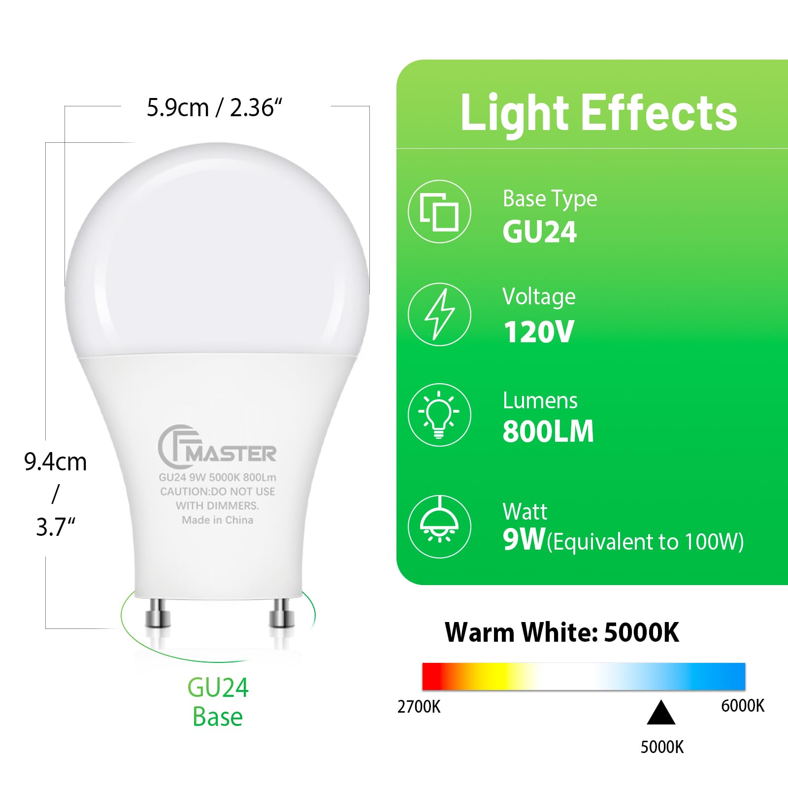 CFMASTER GU24 LED Light Bulb, 5000K Daylight, 9W(100W Equivalent), 800 Lumens, A19 Shape GU 24 LED Bulbs, Twist and Lock GU24 Pin Base with Two Prongs, Non-Dimmable, UL ETL Certificated(4-Pack)