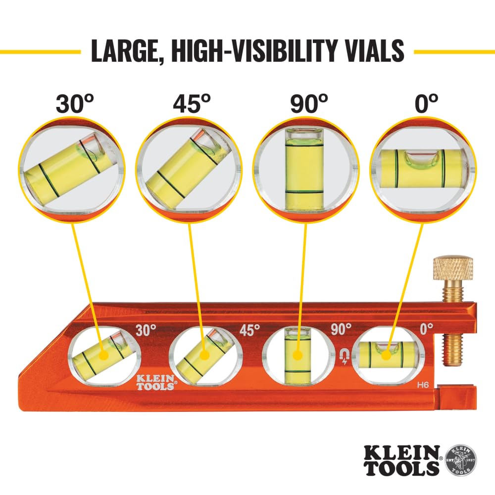 Klein Tools 935AB4V Level, 6-Inch Magnetic Torpedo and Conduit Level with 0/30/45/90 Degree Vials, V-Groove and Magnet Track, High Visibility Orange