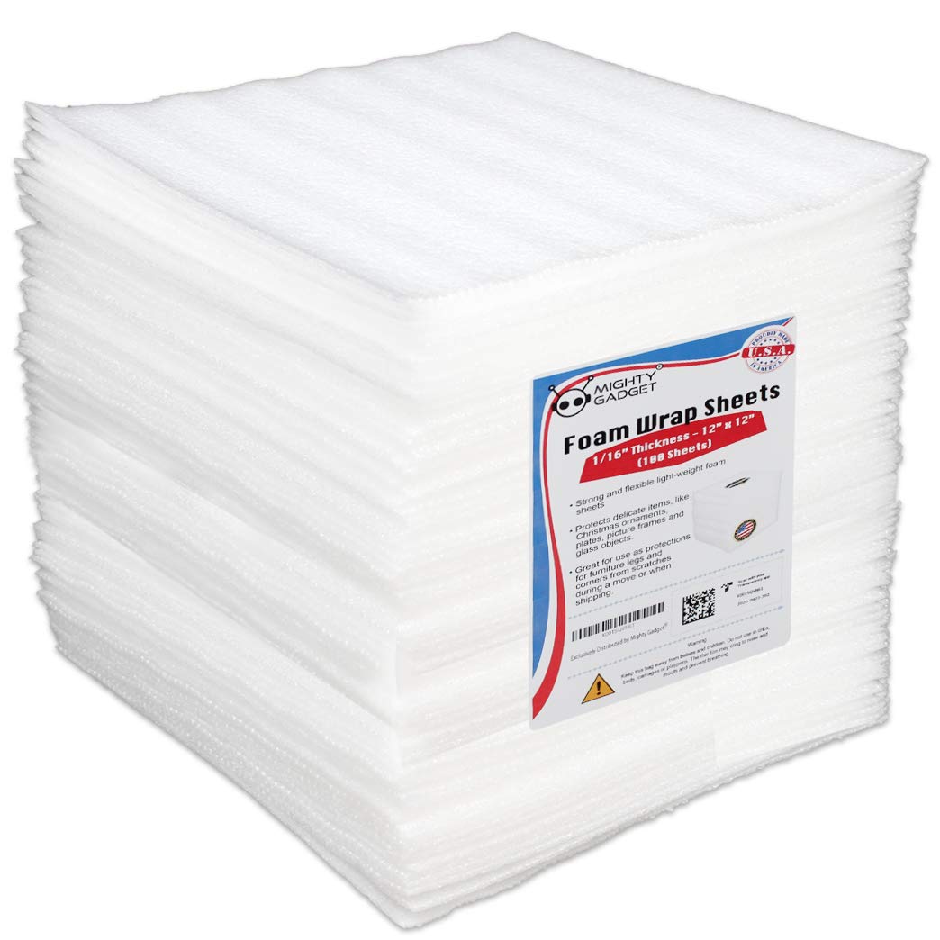 100 Pack Premium Cushioning Foam Wrap Sheets 12x12x1/16" Packing Foam Sheets for Fragile Items and Moving Supplies for Dish Packing