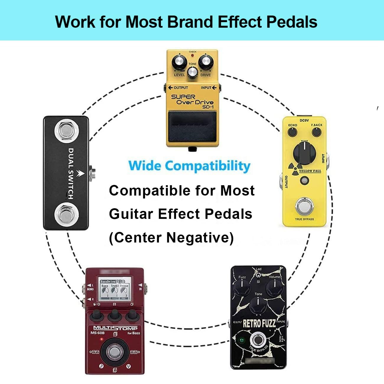 JOYO DC 9V Guitar Pedal Power Supply (800mA -1A) AC Wall Charger Adapter with 4 Way Daisy Chain Pedal Cables (8.8 FT), Compatible for Most Effect Pedals (Tip Negative)