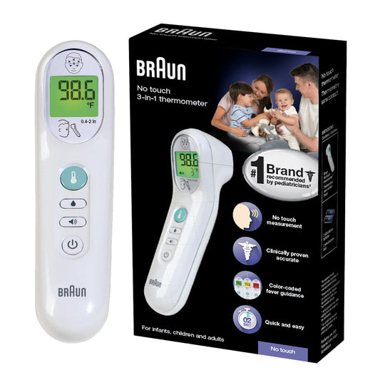 Braun No Touch 3-in-1 Thermometer, Measures Forehead, Liquid and Food Temps, Professional Accuracy and Color Coded Fever Guidance for Babies, Kids, Toddlers and Adults, FSA and HSA Eligible