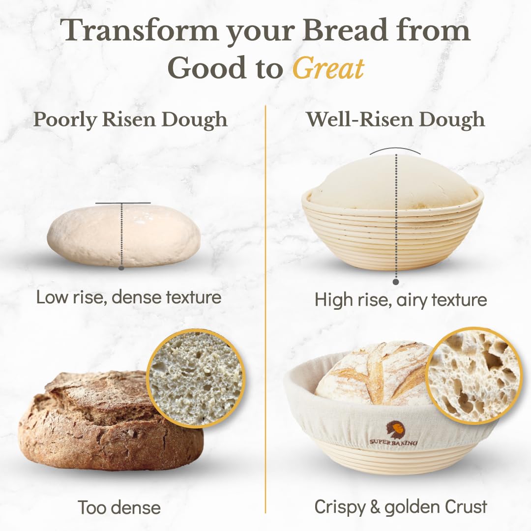 Superbaking Banneton Bread Proofing Basket, Sourdough Bread Baking Supplies, Round 9 Inch Sourdough Starter Kit, Proofing Basket for Baking, Bread Making Supplies Tools, Banneton Basket Gift Set