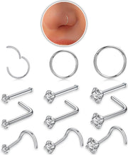 18g Silver Nose Rings Hoop and 20g Nose Studs Sets for Women Men,Hypoallergenic 316L Surgical Stainless Steel L Shape/Corkscrew/Straight Nose Studs Nose Screw Bone 1.5/2/3mm CZ Piercings Jewelry 12Pcs