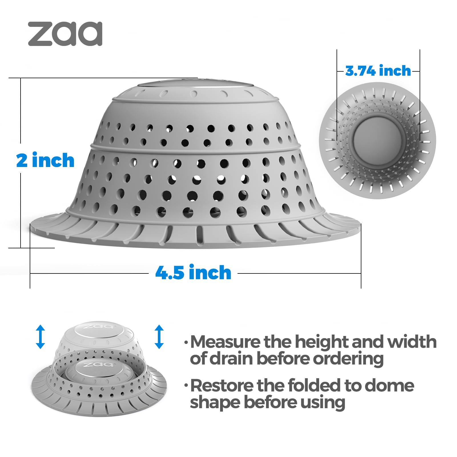 zaa Bathtub Drain Hair Catcher, Premium Silicone Shower Hair Catcher, 1Pack Collapsible Hair Stopper for Pop Up and Regular Drains of Shower, Bathtub, Bathroom, Sink, Gray