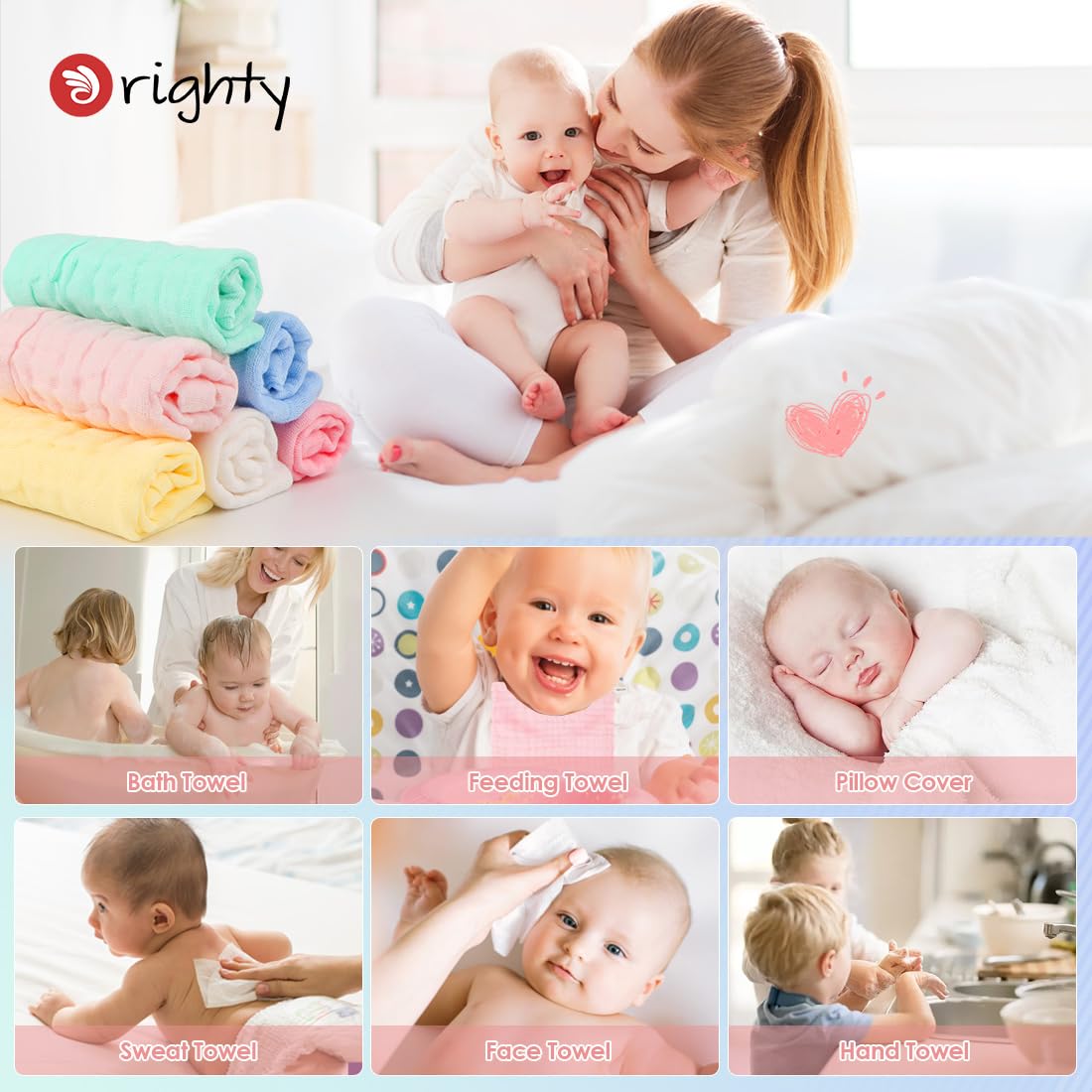 Orighty Muslin Baby Washcloths Pack of 6 - Soft Face Cloths for Newborn, Absorbent Baby Bath and Face Towels, 100% Cotton Baby Wipes, Burp Cloths, Feeding Towels for Babies and Infants - 10 x 10’’