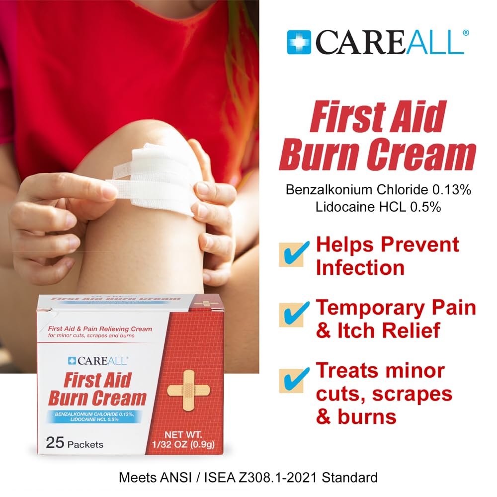 CareALL First Aid Burn Relief Cream 0.9g Packets (Pack of 25) Pain Relieving First Aid Cream for Temporary Relief of Pain from Minor Burns, Cuts, and Scrapes. Prevents Infection