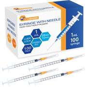 100 Pack 1ml Syringes with Needle - 25G, 1.0 inch Needle Luer Lock Syringe Individually Packaged (1mL-25G, 100)