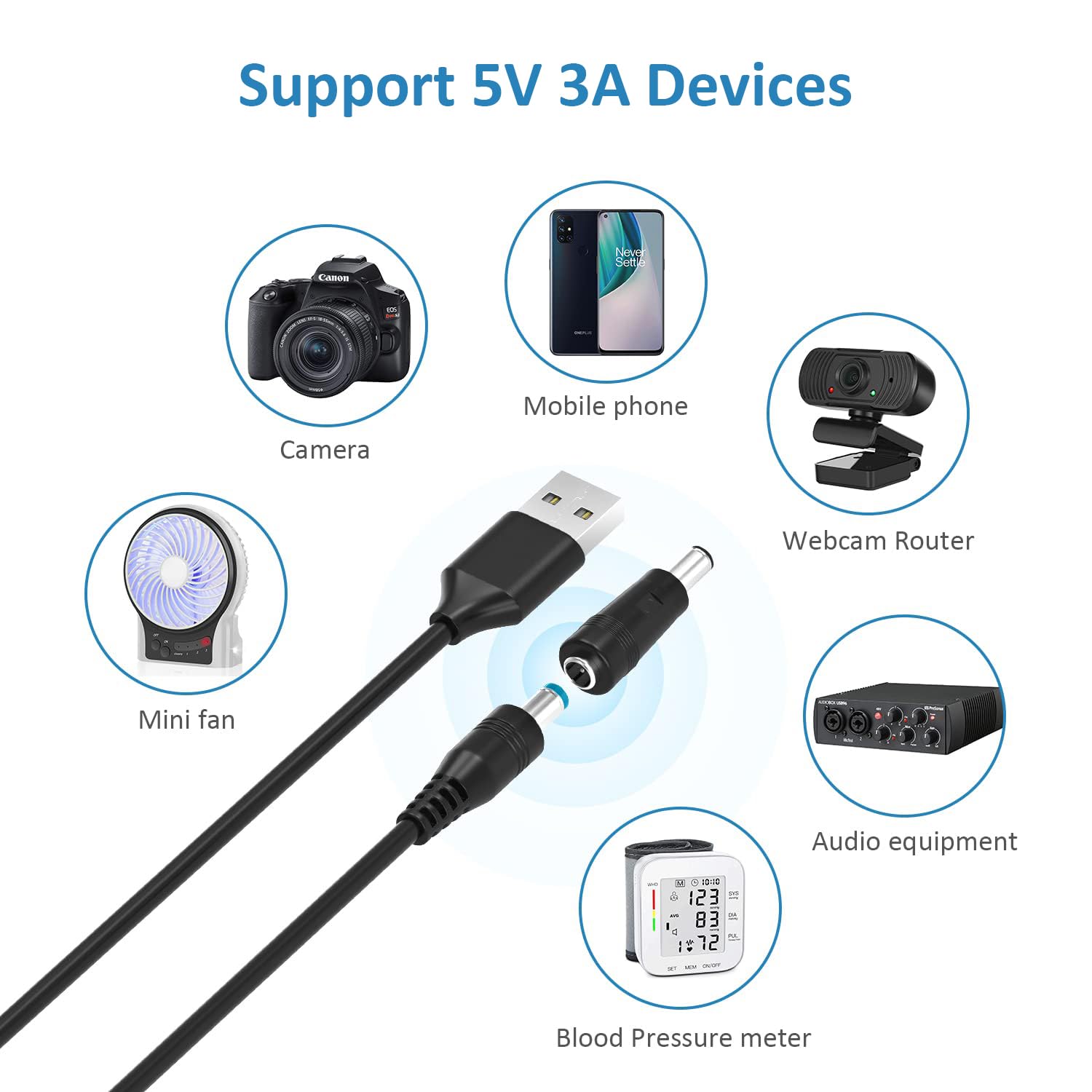 Powseed 5V Universal DC Power Cable, USB to DC Charging Cord with 13pcs Adapter Plugs for Webcam Router, Power Bank, Toy, Recorder, Bluetooth Speaker, Scanner, DVR, Hard Disk Box, USB-HUB etc.