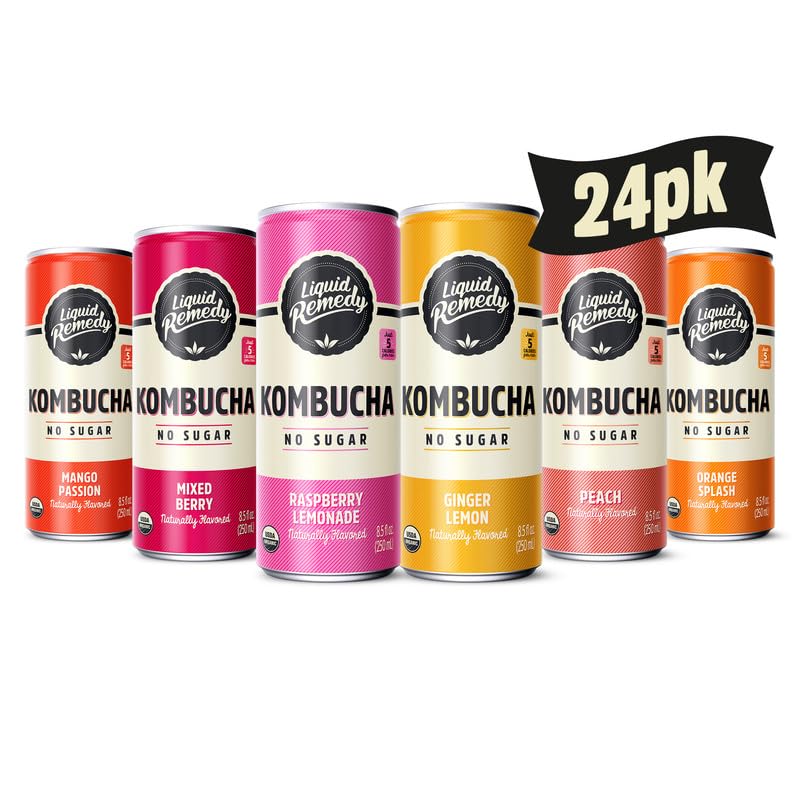 Liquid Remedy Kombucha Zuckerfreies Bio-Getränk, kalorienarm, probiotisch wie Tee für die Darmgesundheit – Super Sampler Vielfaltspaket – 250 ml Dose, 24er-Pack
